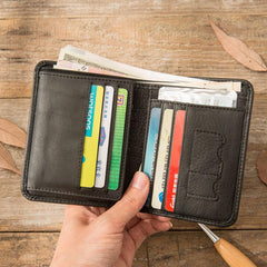 Black Cool Leather Mens Small Wallet Trifold Vintage billfold Wallet for Men - imessengerbags
