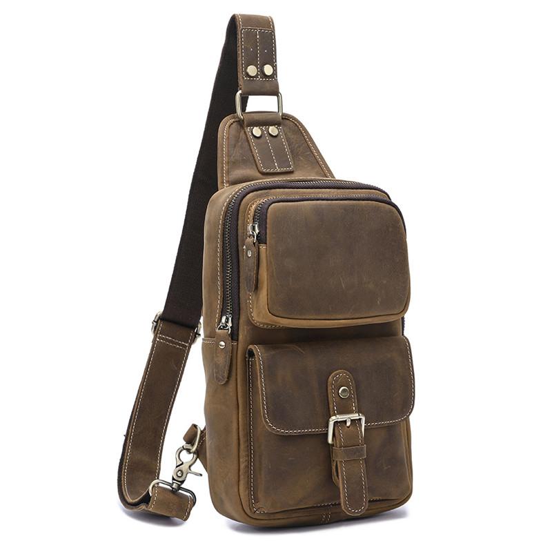 Brown Leather Men's Sling Bags Best Sling Pack Chest Bag One Shoulder Backpack For Men - imessengerbags