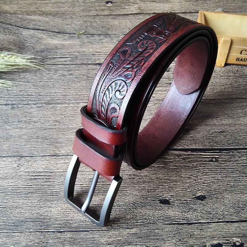Cool Handmade Brown Floral Tooled Leather Mens Belt Coffee Leather Belts for Men - imessengerbags