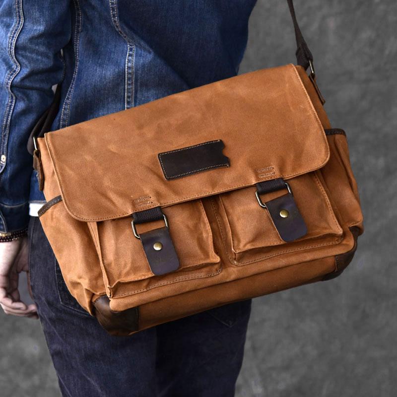 Canvas Leather Mens Large Brown Side Bag 14'' Khaki Messenger Bag Brown Postman Bag For Men - imessengerbags