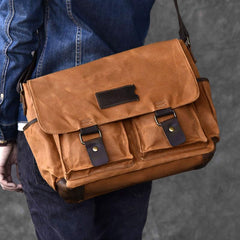 Canvas Leather Mens Large Brown Side Bag 14'' Khaki Messenger Bag Brown Postman Bag For Men - imessengerbags