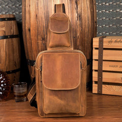 Cool Brown Leather Mens One Shoulder Backpack Sling Bag Brown Crossbody Pack Chest Bag for men - imessengerbags