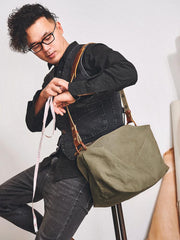 Canvas Cool Mens Green Side Bags Canvas Leather Messenger Bags Canvas Travel Courier Bag for Men