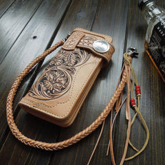 Handmade Leather Biker Wallet Tooled Floral Mens Cool Chain Wallet Trucker Wallet with Chain