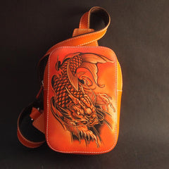 Cool Handmade Tooled Leather Tang Lion Sling Bag Chest Bag One Shoulder Backpack For Men - imessengerbags