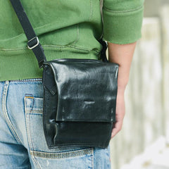 Cool Black Wrinkled Leather Men Vertical Square Side Bags Black Messenger Bag Courier Bag For Men - imessengerbags