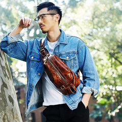 Genuine Leather Mens Cool Chest Bag Sling Bag Crossbody Bag Travel Bag Hiking Bag for men - imessengerbags
