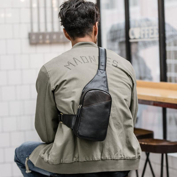 Casual Black Leather Mens Sling Bag Chest Bag Black Sling Shoulder Bag One Shoulder Backpack for Men