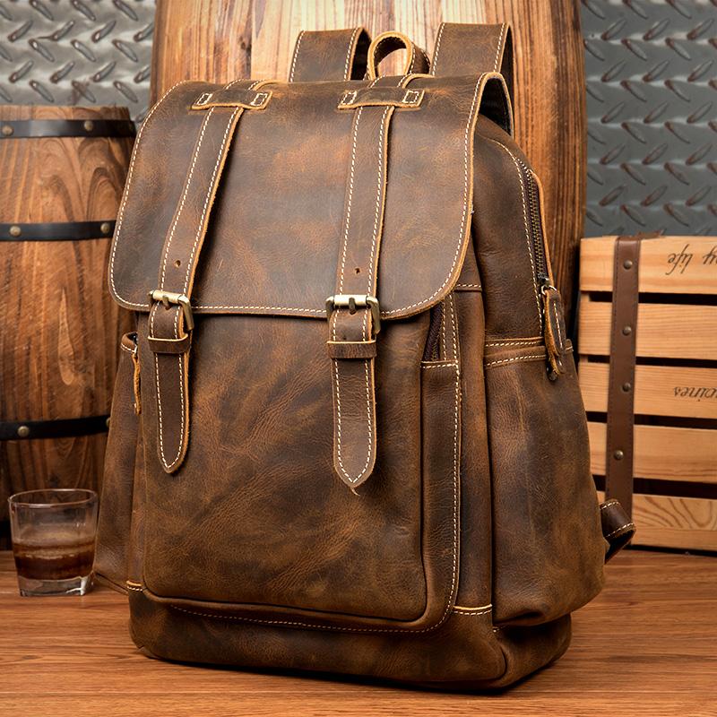 Dark Brown Fashion Mens Leather 15-inch Brown Computer Backpacks Brown Travel Backpacks School Backpacks for men - imessengerbags