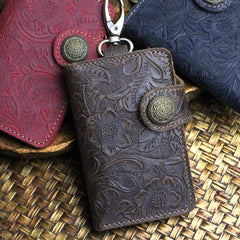 Handmade Leather Floral Mens Cool Key Wallet Wallet Card Holder Small Card Keychain Wallets for Men - imessengerbags
