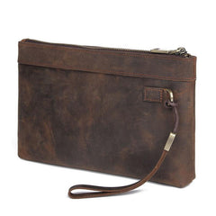 Dark Brown Leather Mens 8 inches Envelope Bag Wristlet Wallet Bag Zipper Clutch Wallet For Men