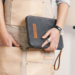 Gray Canvas Leather Mens Large Clutch Wallet Zipper Wristlet Bag Purse for Men