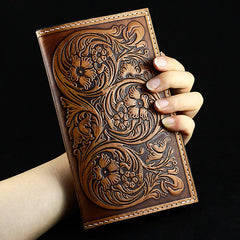 Handmade Leather Tooled Floral Mens Long Wallet Cool Leather Wallet Clutch Wallet for Men - imessengerbags