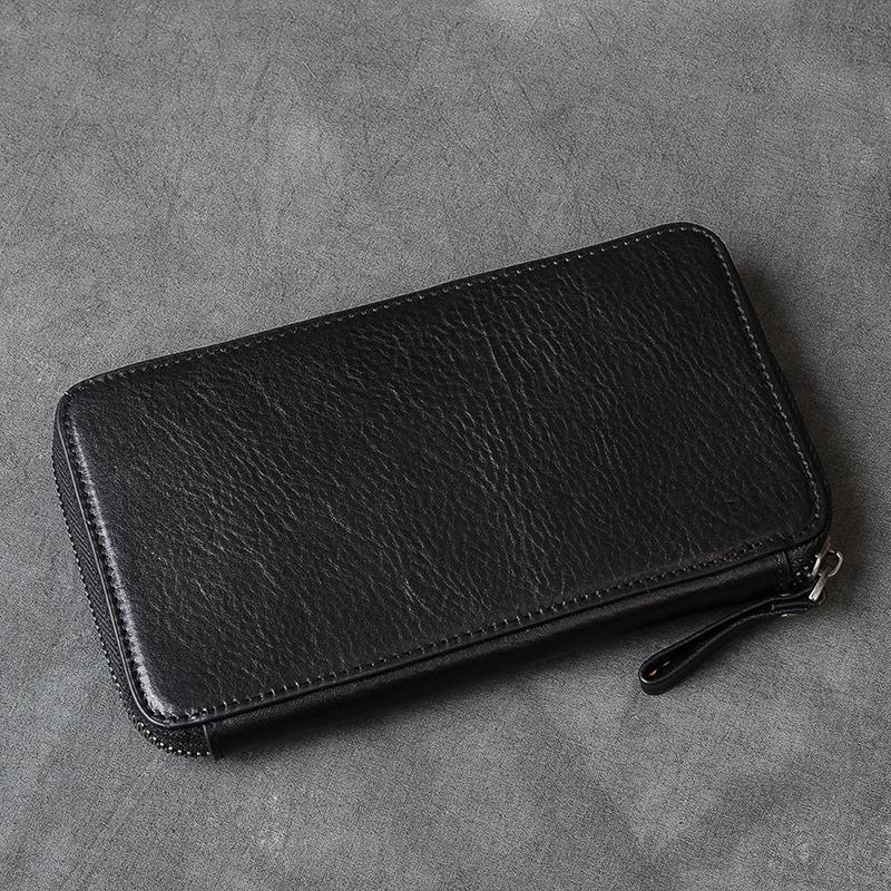 Black Leather Mens Long Wallet Zipper Brown Clutch Phone Wallet For Men - imessengerbags