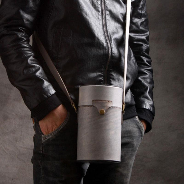 Handmade Gray Leather Mens Barrel Bag Shoulder Bag Messenger Bag for Men - imessengerbags