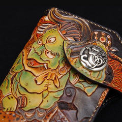 Handmade Leather Tooled Thunder God Mens Chain Biker Wallet Cool Leather Wallet With Chain Wallets for Men - imessengerbags
