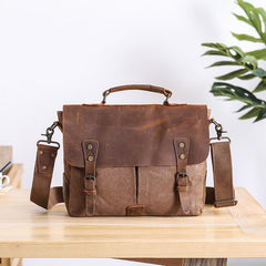 Casual Canvas Leather Mens Khaki Handbag 14'' Side Bag Gray Messenger Bag For Men - imessengerbags