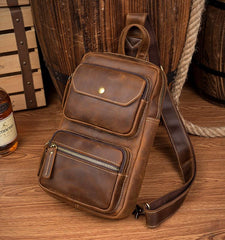 Cool Brown Leather Mens Sling Pack Sling Bags Coffee Crossbody Pack Chest Bag for men - imessengerbags