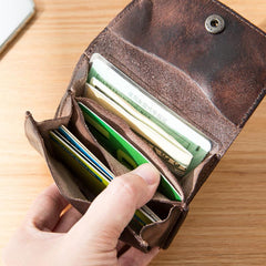 Dark Brown Cool Leather Mens Card Wallets Bifold Vintage Front Pocket Wallet Coin Holder for Men - imessengerbags