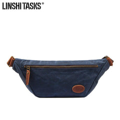 Blue Waxed Canvas Leather Fanny Pack Men's Chest Bag Sling Hip Bag Waist Bag For Men