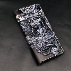 Black Handmade Tooled Indian Chief Skull Leather Mens Long Wallet Bifold Long Wallet For Men - imessengerbags