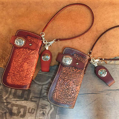 Handmade Leather Tooled Skull Mens Chain Biker Wallet Cool Leather Wallet Long Wallet for Men - imessengerbags