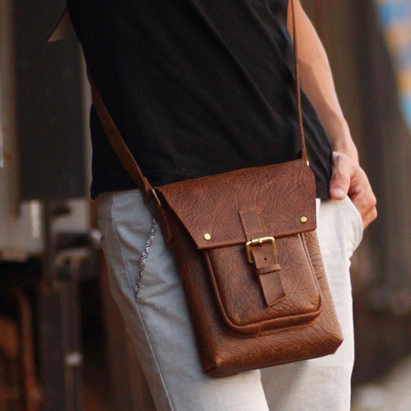 Handmade Vintage Leather Mens Small Messenger Bag Coffee Cell Phone Shoulder Bag for Men - imessengerbags