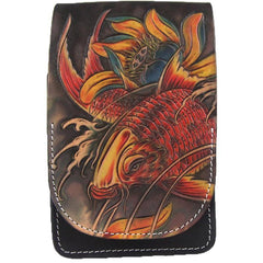 Handmade Tooled Leather Carp Mens Belt Pouch Waist Bag Belt Phone Bag Mobile Bag For Men