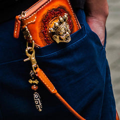 Handmade Leather Tooled Tibetan Mens Chain Biker Wallet Cool Leather Wallet Long Clutch Wallets for Men