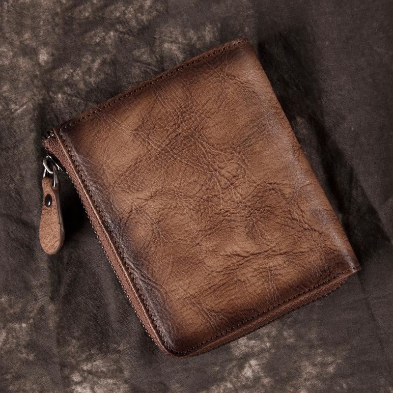 Brown Vintage Bifold Wallet Leather Mens billfold Small Wallet Zipper Small Wallet For Men - imessengerbags