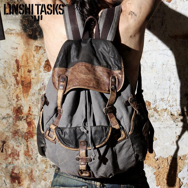 Vintage Canvas Leather Mens Large Washed Gray Backpack School Backpack Canvas Travel Backpack For Men - imessengerbags