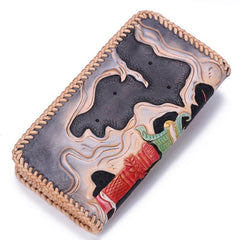 Handmade Leather Mens Clutch Wallet Cool Carp Tooled Wallet Long Zipper Wallets for Men - imessengerbags