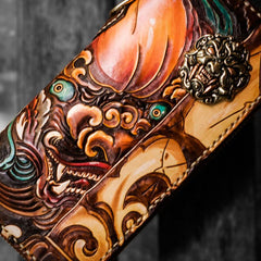 Handmade Leather Tooled Chinese Lion Mens Chain Biker Wallet Cool Leather Wallet Long Phone Wallets for Men - imessengerbags