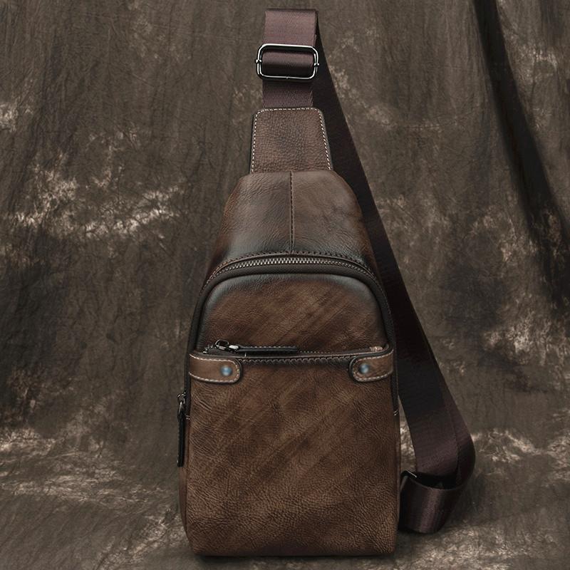 Vintage Brown LEATHER MENS One Shoulder Backpack Cool Chest Bag SLing Bag For Men - imessengerbags