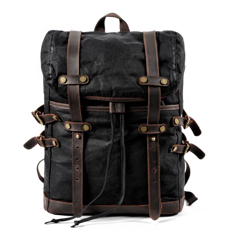 Cool Waxed Canvas Leather Mens Black 15.6‘’ Large Hiking Backpack Green Travel Backpack for Men - imessengerbags