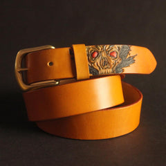 Cool Handmade Yellow Brown Skull Tooled Leather Mens Belt Carved Leather Belt for Men