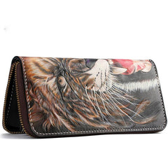 Handmade Leather Tooled Tiger Mens Chain Zipper Biker Wallet Cool Leather Wallet Long Phone Wallets for Men