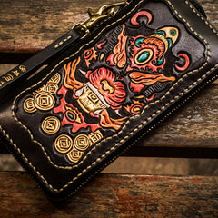 Handmade Leather Mens Tooled Monster Chain Biker Wallet Cool Leather Wallet Long Clutch Wallets for Men - imessengerbags