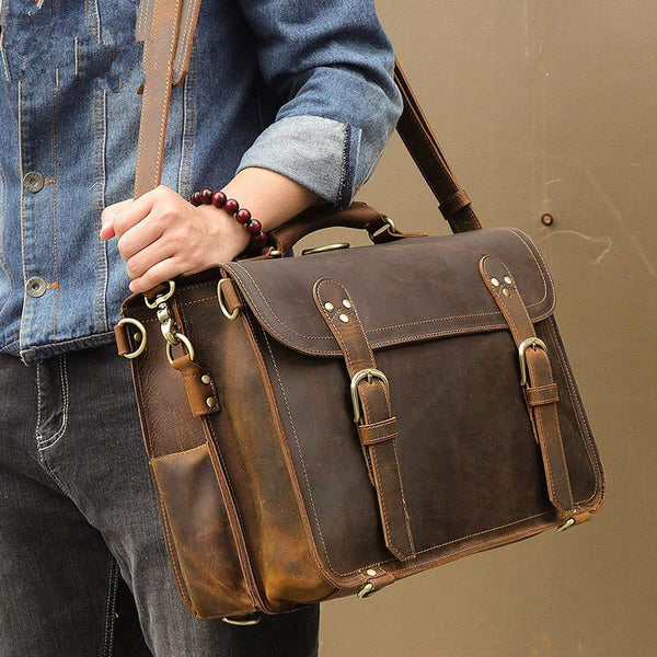 Cool Brown Leather Men's Large 16‘’ Briefcase Business Backpack Travel Handbag For Men