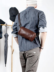 Black Leather Mens Small Casual Bucket Bag Barrel Messenger Bags Brown Postman Bag For Men - imessengerbags