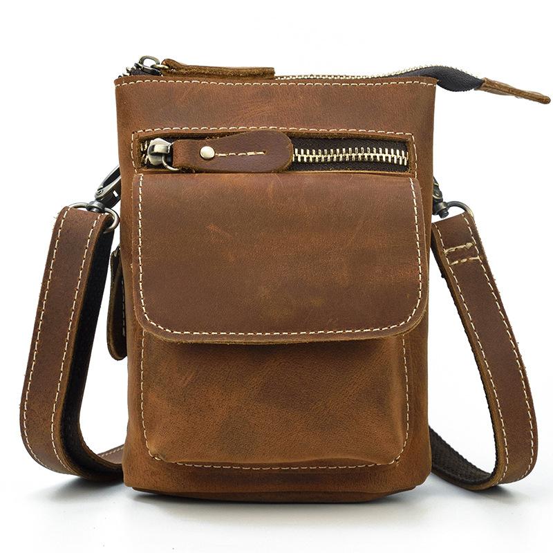 Casual Brown Leather Mini Messenger Bag Men's Belt Pouch Belt Bag Waist Pouch For Men