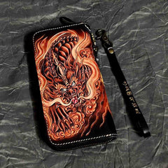 Badass Black Leather Men's Long Biker Handmade Wallet Beast Totem Tooled Zipper Long Chain Wallets For Men