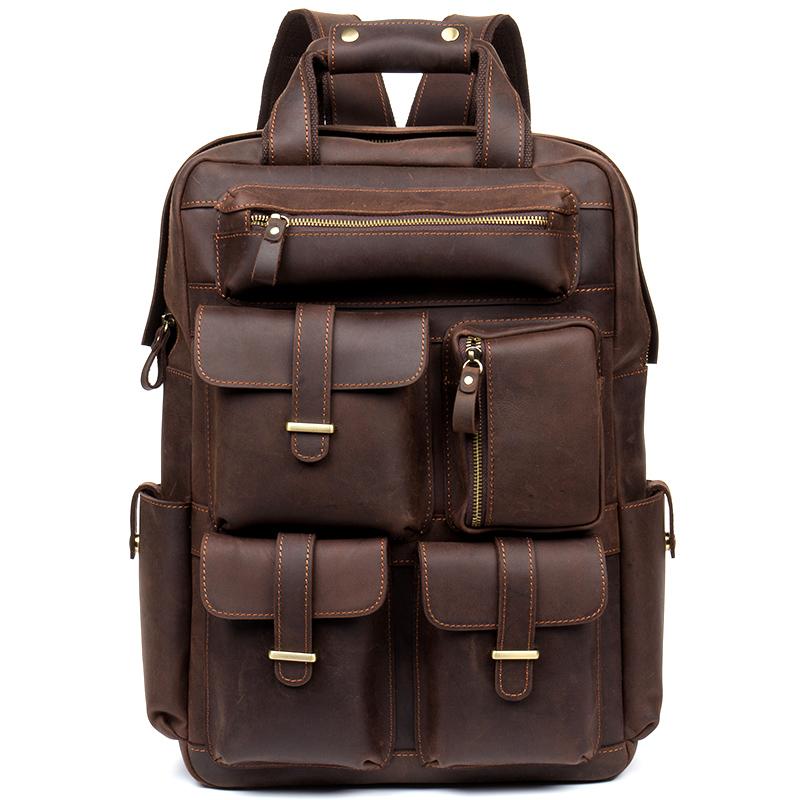 Dark Brown Casual Mens Leather 16inches Computer Backpacks Large Brown Travel Backpack School Backpacks for men - imessengerbags