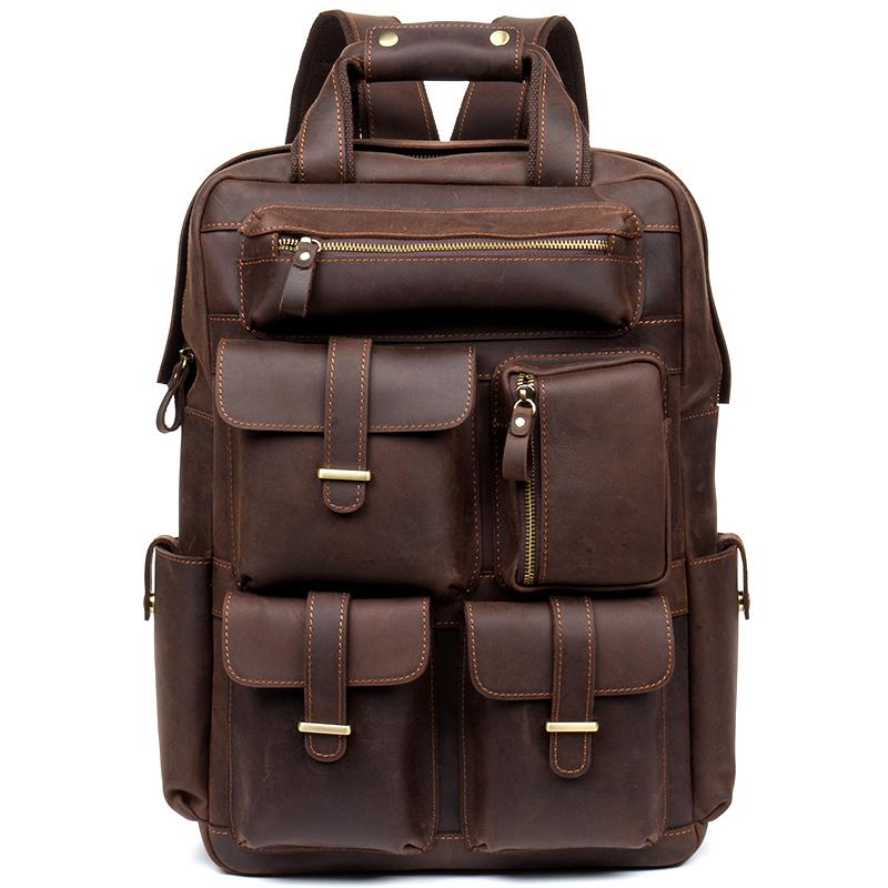Dark Brown Casual Mens Leather 16inches Computer Backpacks Large Brown Travel Backpack School Backpacks for men
