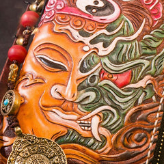 Handmade Leather Tooled Buddha Mens Chain Biker Wallet Cool Leather Wallet Long Phone Wallets for Men