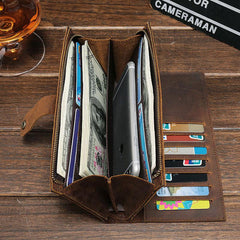 Cool Vintage Mens Brown Leather Brifold Long Wallet for Men Long Wallet