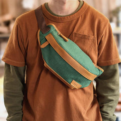 Cool Canvas Leather Mens Chest Bag Green Waist Bag Fanny Pack Hip Bag Bum Pack For Men