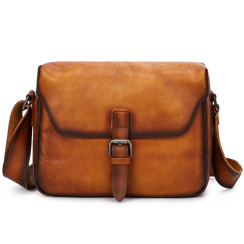 Men Designer Leather Border Cube Square Messenger Mail Brown Bag Hand carry