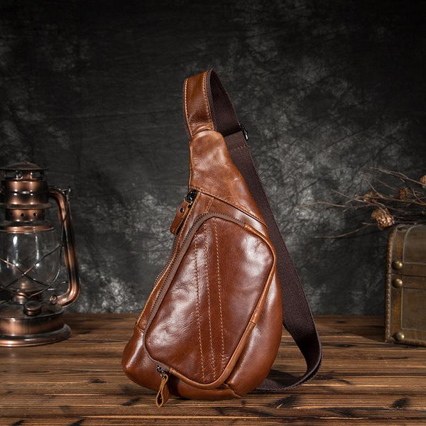 Cool Brown Leather Men's Sling Bag Chest Bag One Shoulder Backpack For Men - imessengerbags