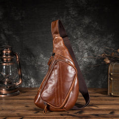 Cool Brown Leather Men's Sling Bag Chest Bag One Shoulder Backpack For Men - imessengerbags